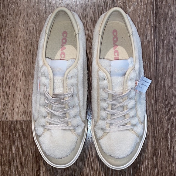 NEW, Coach Citysole Shearling Sherpa Lace Up Sneakers, Cream Beige (size 8.5) - Picture 5 of 7